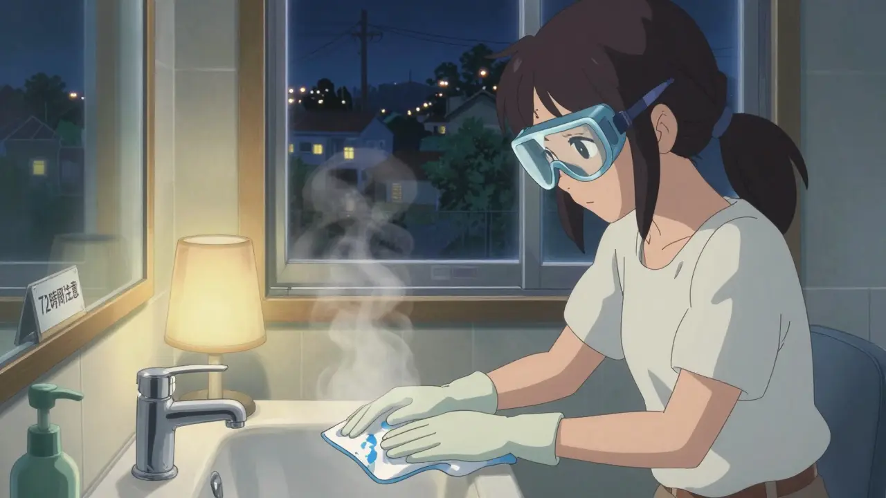 女性が専用消毒剤でトイレの便座を清掃している夜の風景。