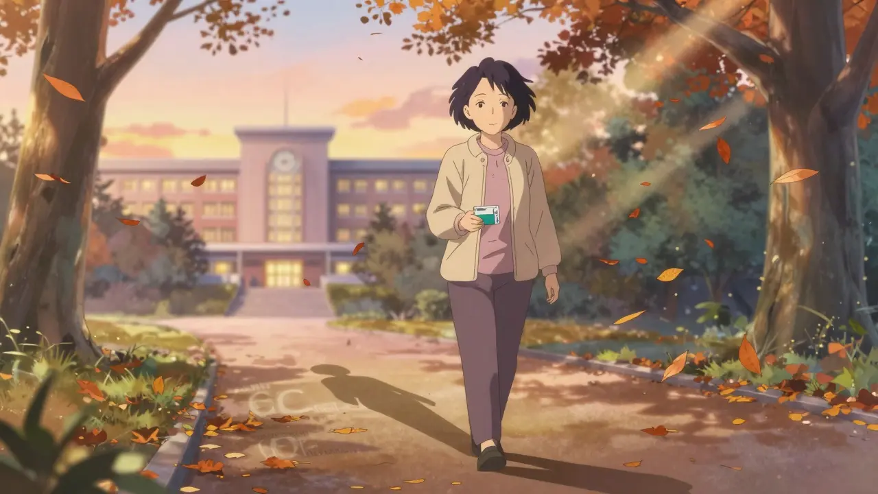 秋の公園を歩く女性が、遺伝子プロファイルの影を引きながら、プラバスタチンの処方箋を握っている。