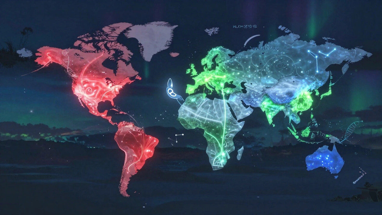 全球地圖上不同族群的遺傳特徵以光流顯示，與藥物代謝相關。