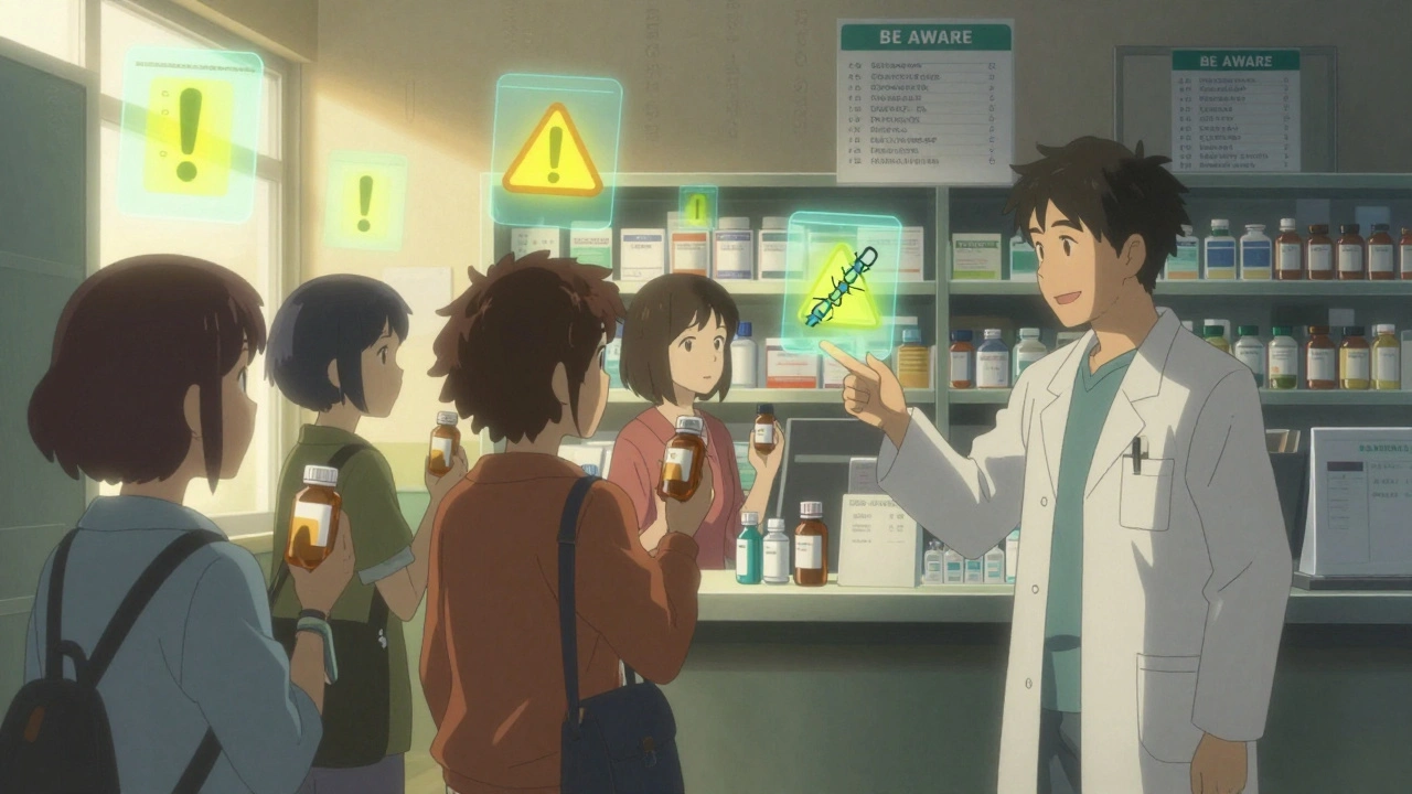人々が薬局で薬を手に取り、浮かぶ警告シンボルが偽薬を示している。