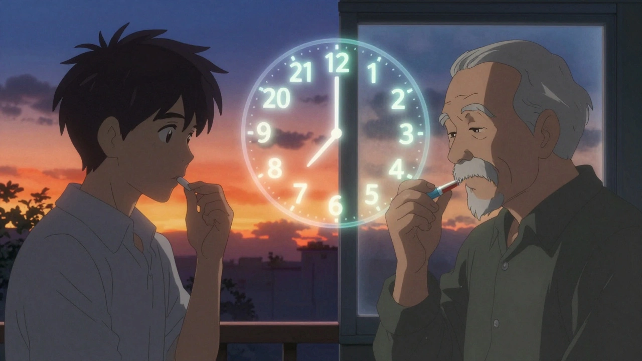 シルデナフィルとニトラートの服用時刻が対照的に描かれたシーン。