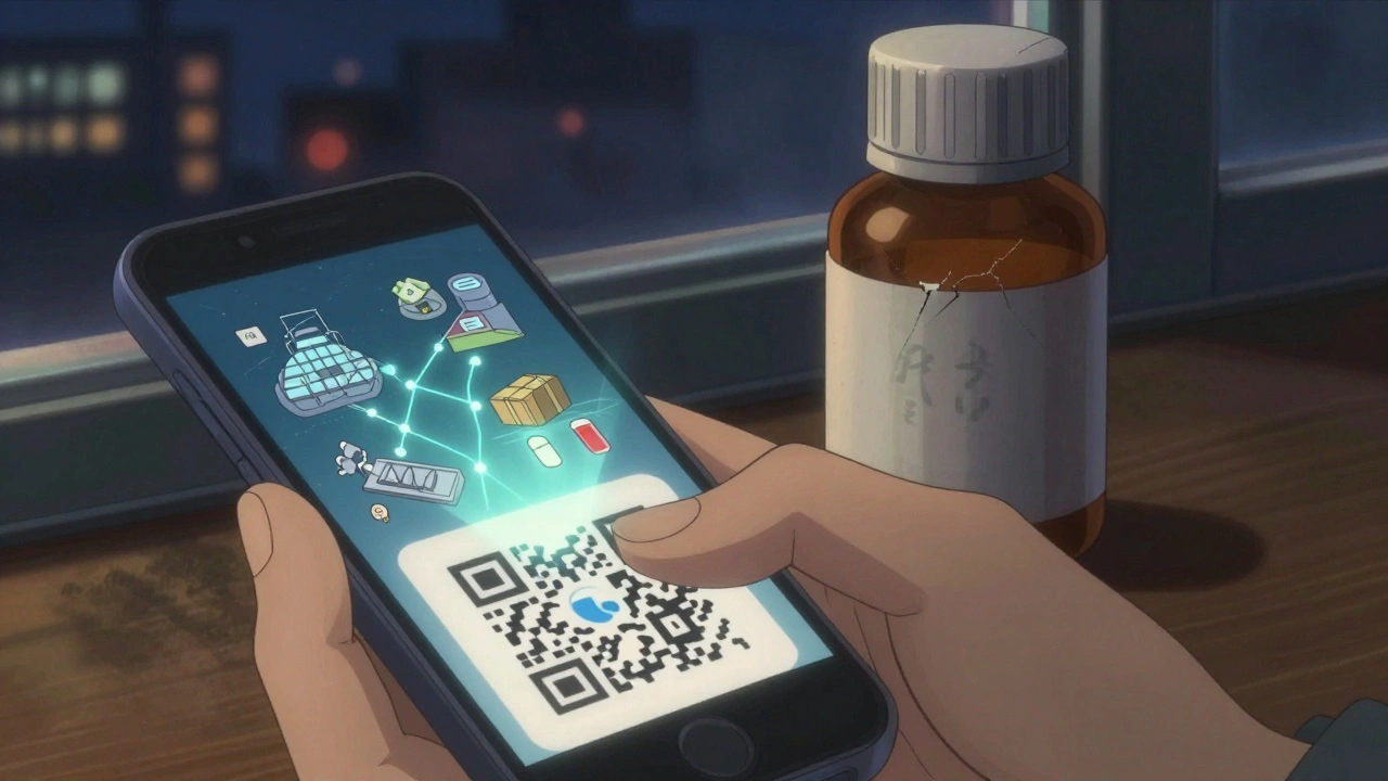 手がスマホで薬のQRコードをスキャンし、本物と偽物の差が視覚化されている。