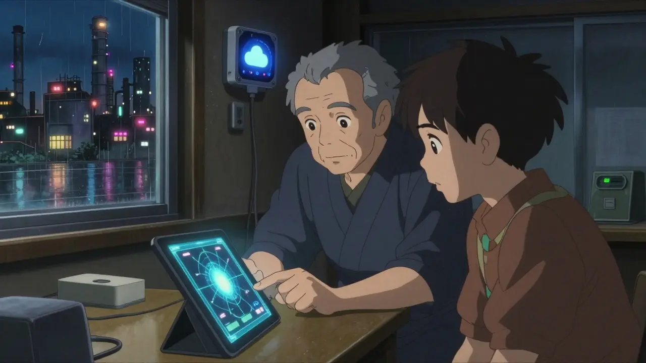 熟練工と若手がAI予測画面を共に見つめる、温かい光のトレーニングルーム。