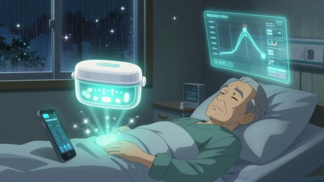 スマート薬ボックスが光の信号を送り、患者が眠る静かな夜の風景。