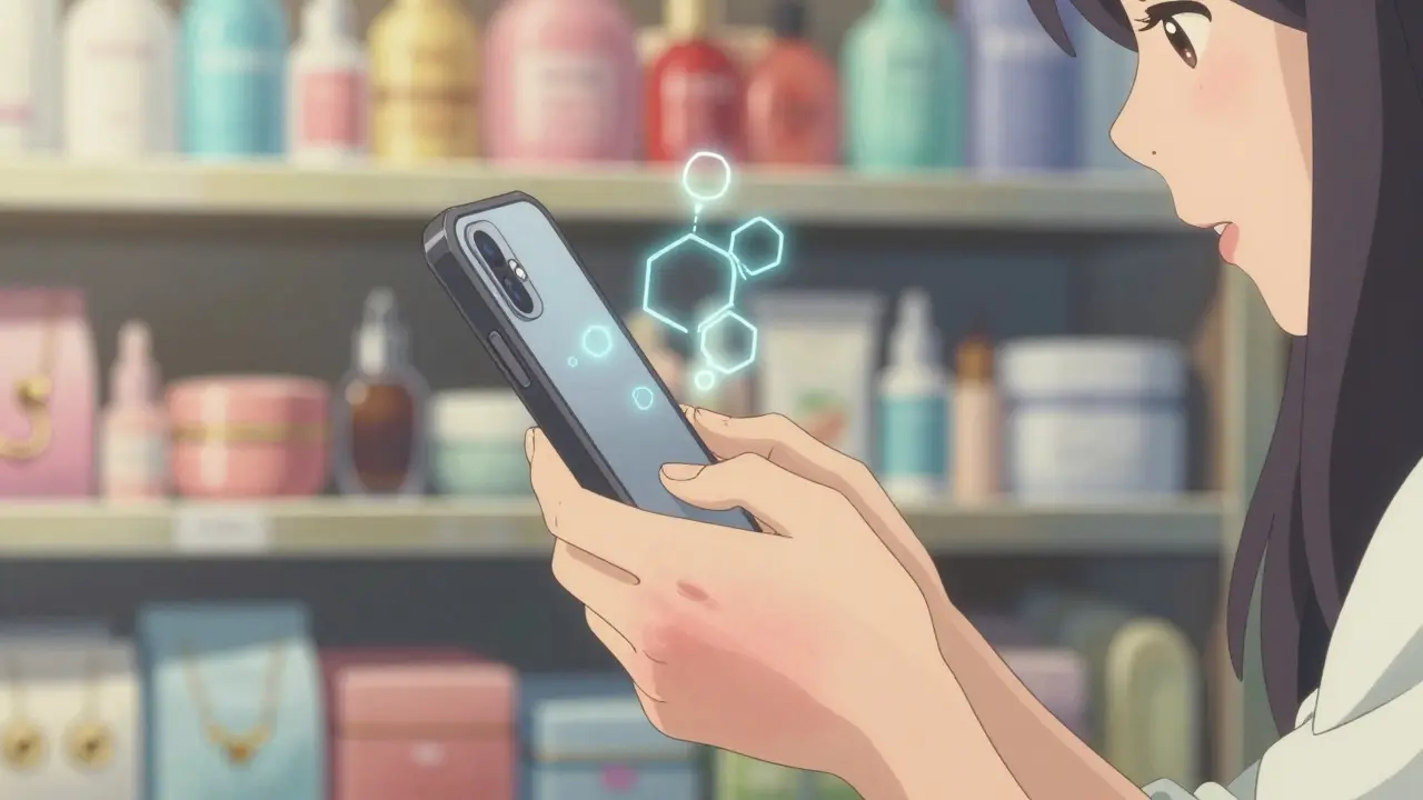 スマートフォンのケースに触れ、肌に赤みが出ている女性の手。