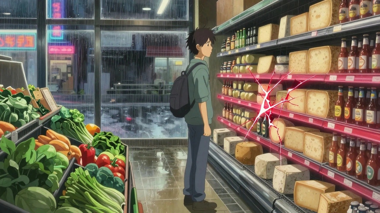 スーパーのチーズ棚の前で迷う男性、安全な食品と危険な食品の間に光の境界線が見える。