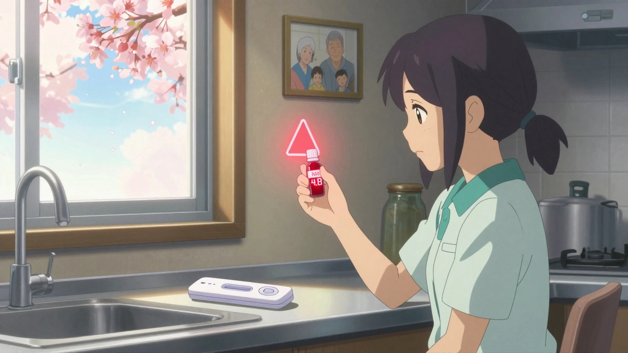 台所のカウンターに自宅用INR測定器があり、介護者が血液サンプルを確認している。朝の光に照らされた様子。