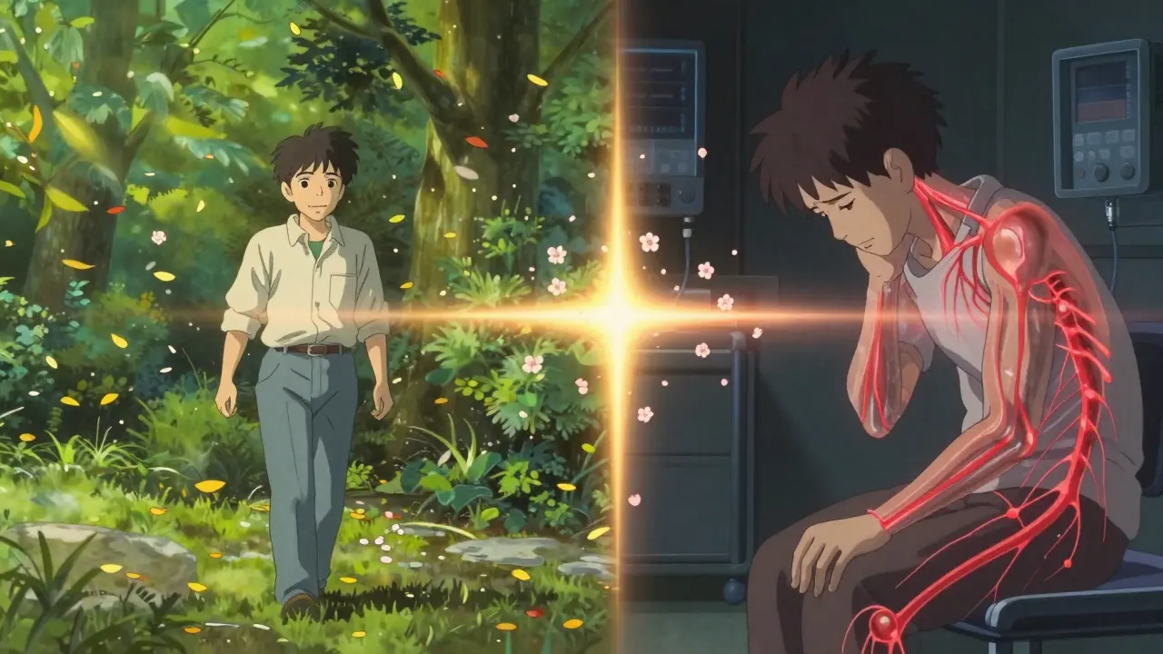 痛みから解放された人物が公園を歩く姿と、その前の苦しみの姿をつなぐ黄金の光の橋。