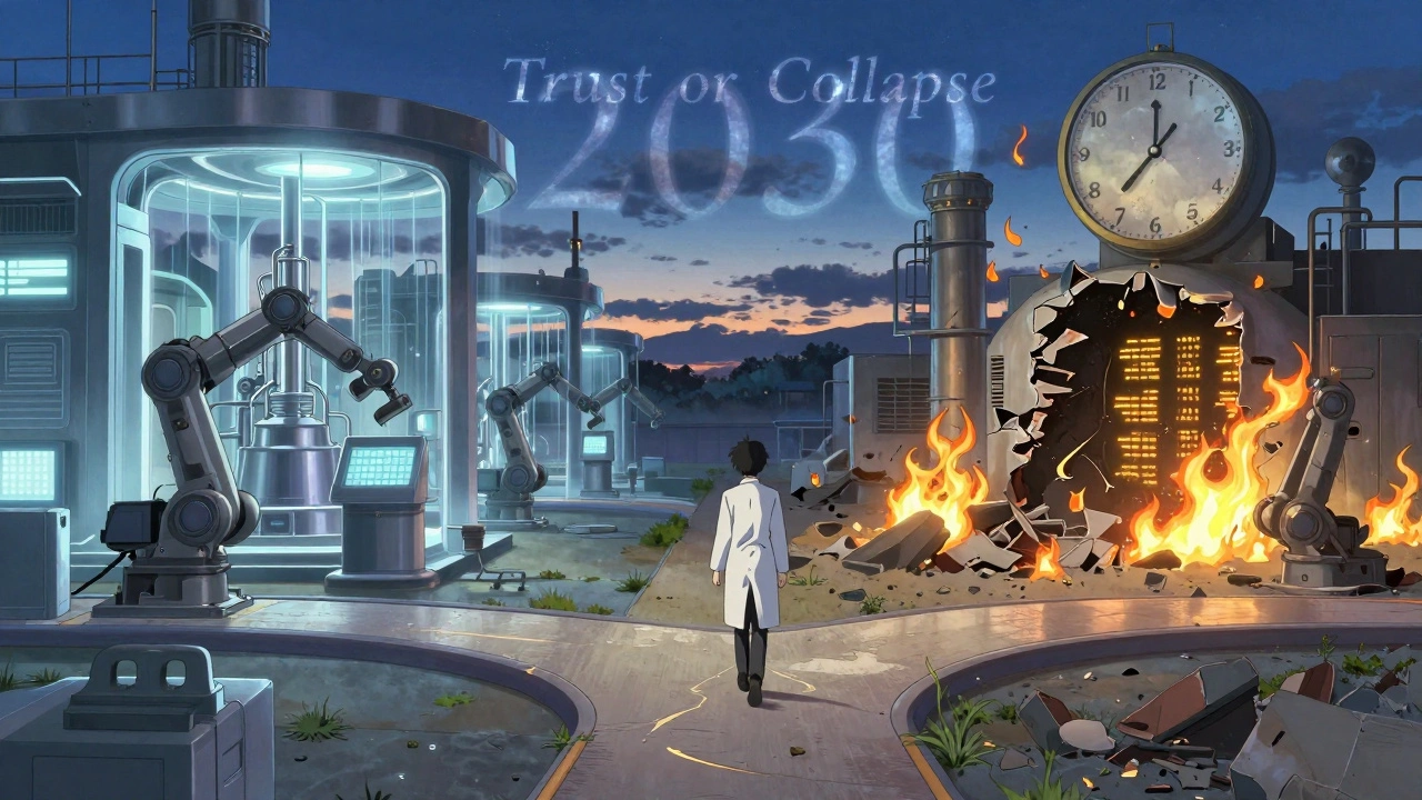 未来の製造施設と老朽化した工場の間で進む道の分かれ目、時計と日本語の言葉が浮かぶ。