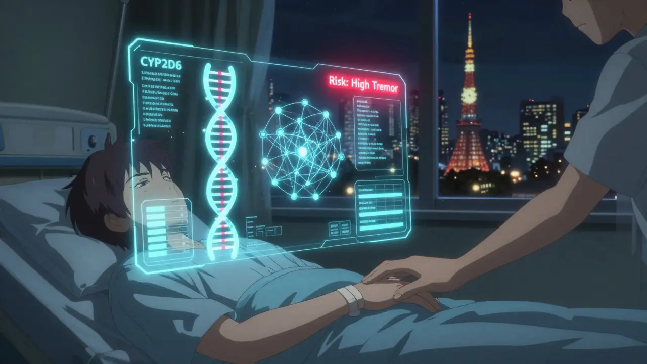 未来のAIが遺伝子データを分析し、震えのリスクを警告する画面。