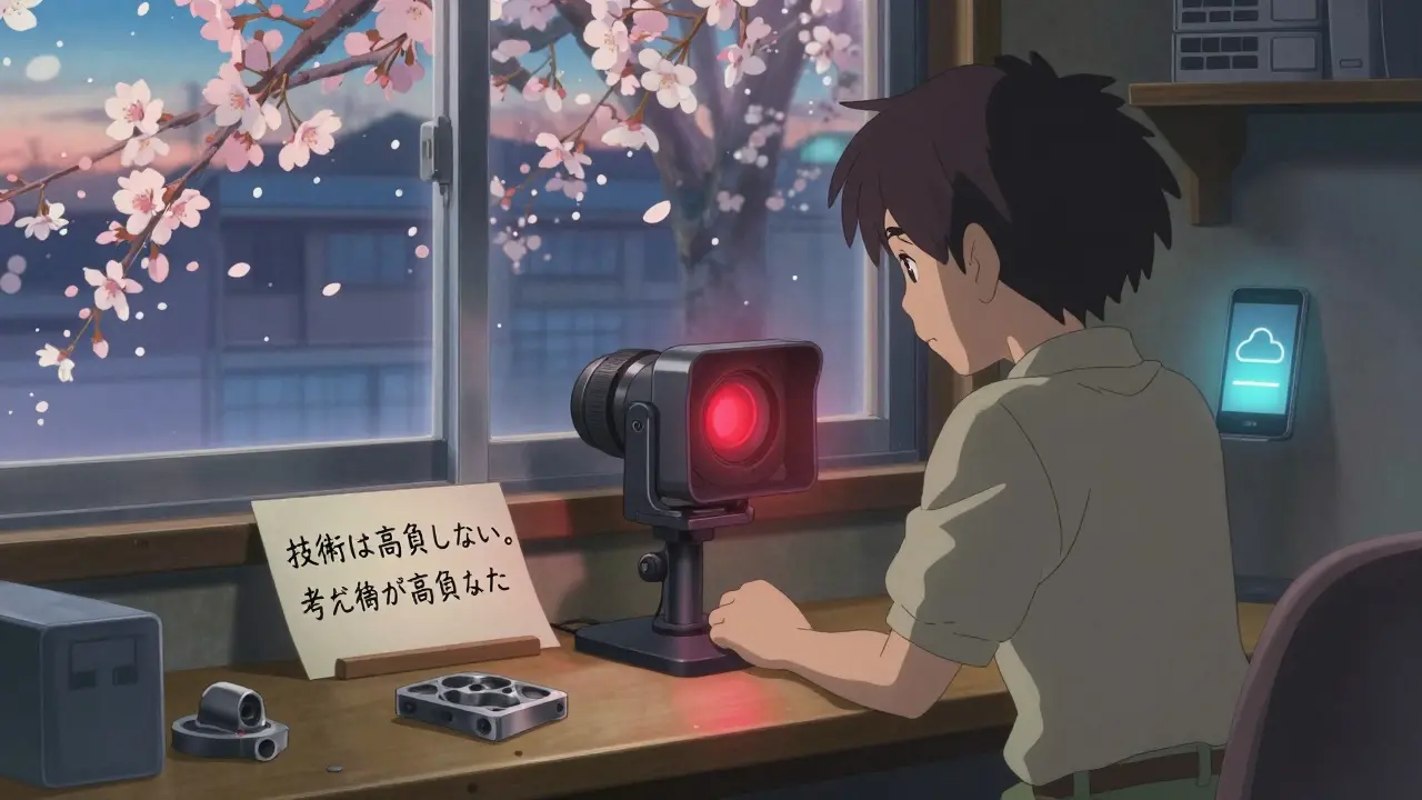 小さな工場でAIカメラが部品を検査し、桜が舞う夕暮れの風景。