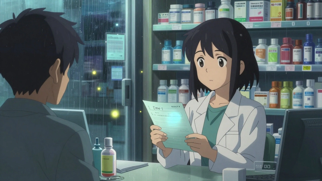 薬剤師が夜の薬局でDAW-1の指示が書かれた処方箋を真剣に見つめ、患者を待つ。