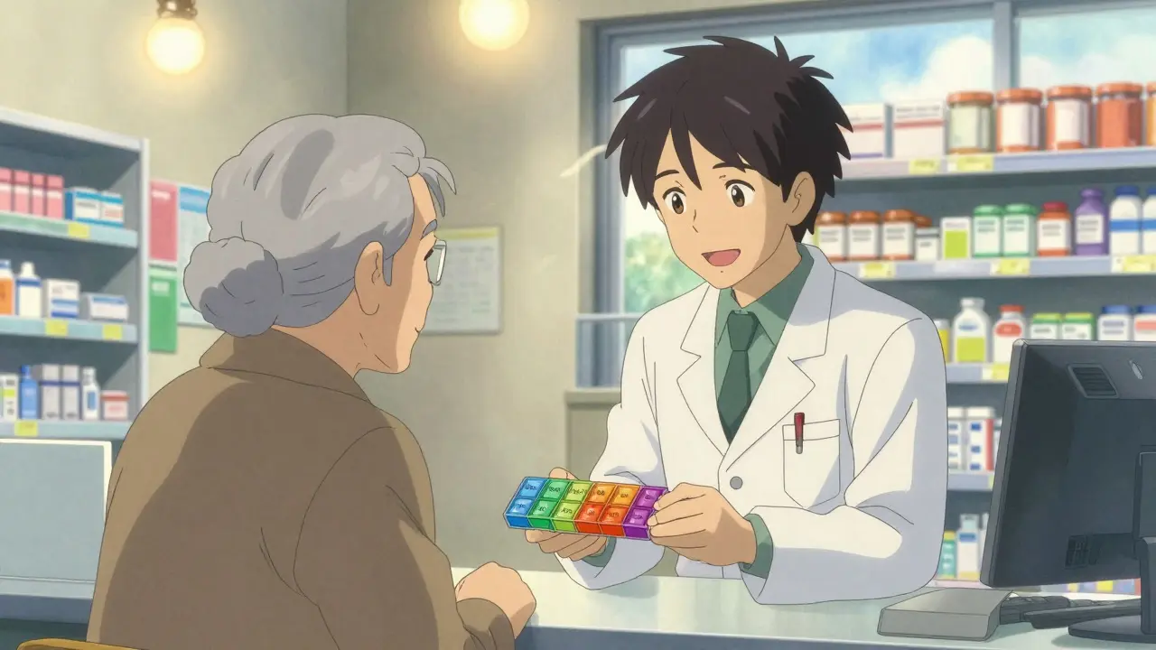 薬剤師と患者が週間薬ボックスを一緒に確認している様子。