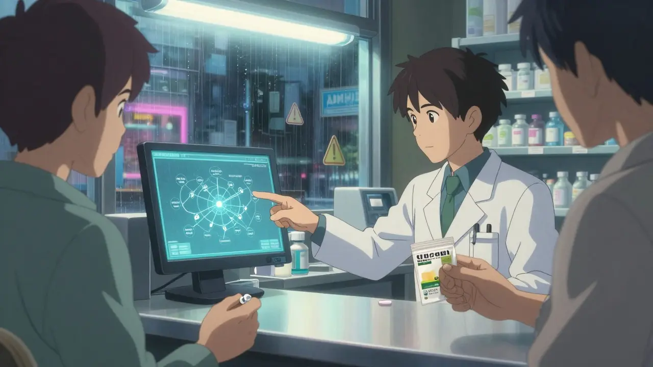薬剤師と患者がデジタル画面で薬の相互作用を確認する薬局の光景