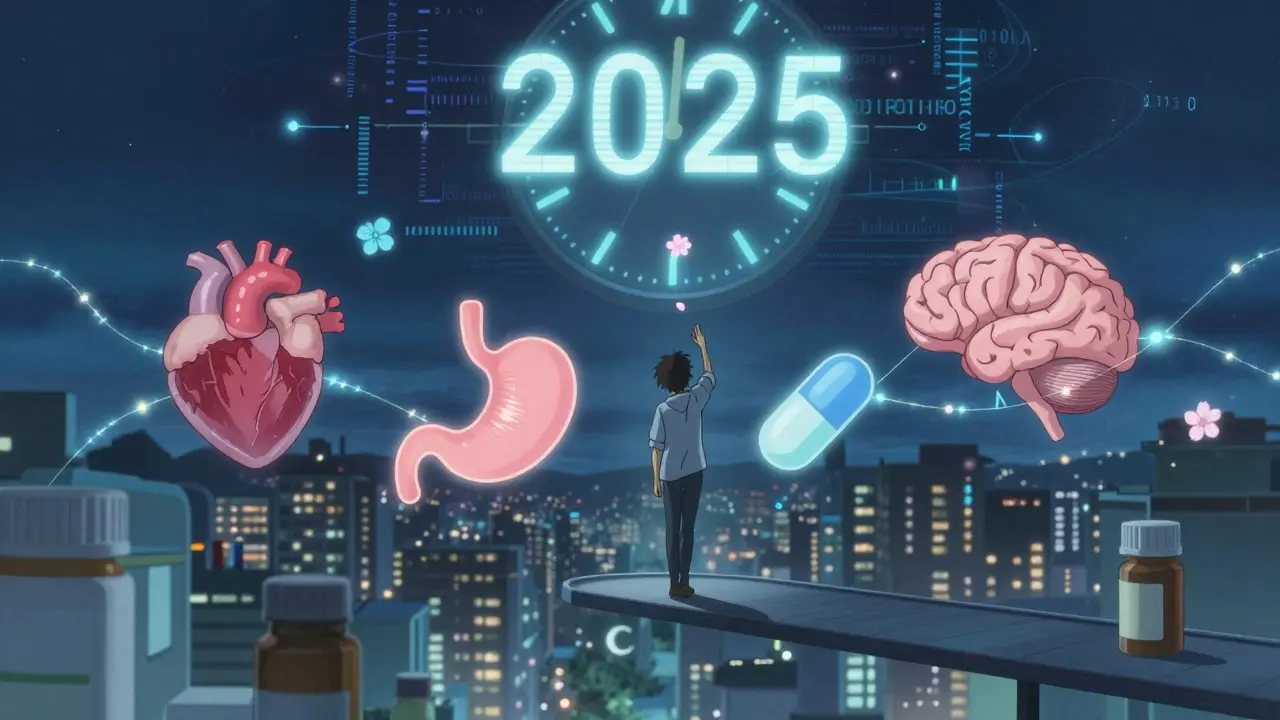 夜の浮遊する道を歩く人物と、心臓・胃・脳をつなぐ光の糸、AIと遺伝子の星々が浮かぶ幻想的風景。