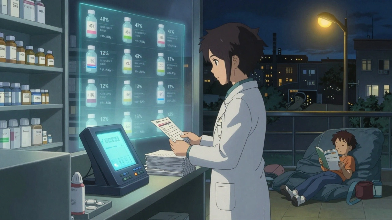 夜の薬局で薬剤師がPMIの印刷物とデジタルデータを抱え、薬の副作用の割合が浮かぶ。