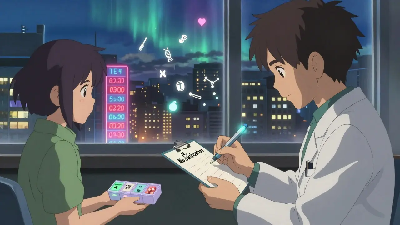 医師が『代替禁止』の処方箋を書き、背景に浮かぶ薬の価格層の光の星座。