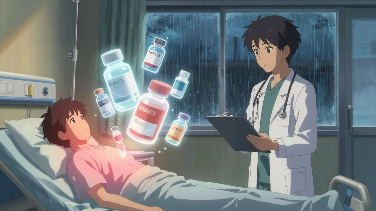 医師がベッドの患者の周りに浮かぶ薬の幽霊を観察している。