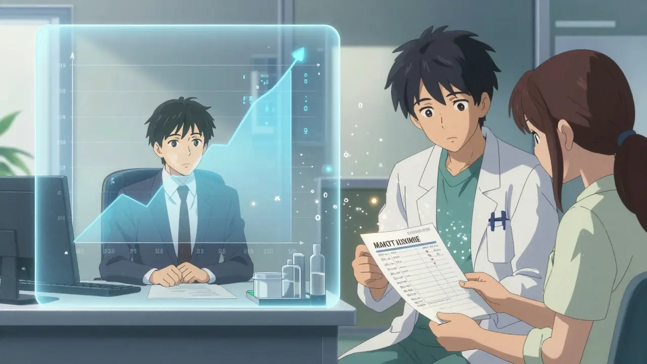 医師と患者が薬の価格が下がった処方箋を確認する様子と、製薬会社の高価格グラフが対比される。