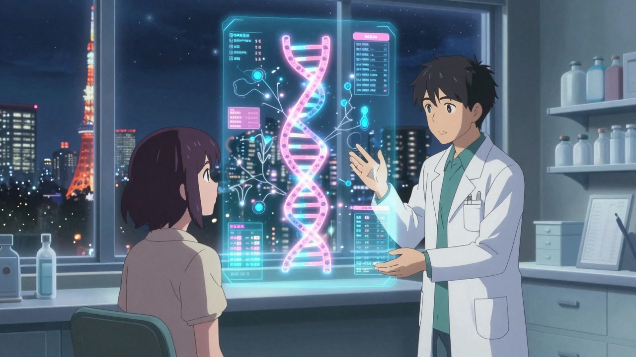 医師と薬剤師が患者と共に浮かぶ遺伝子マップを観察する未来の診療室。