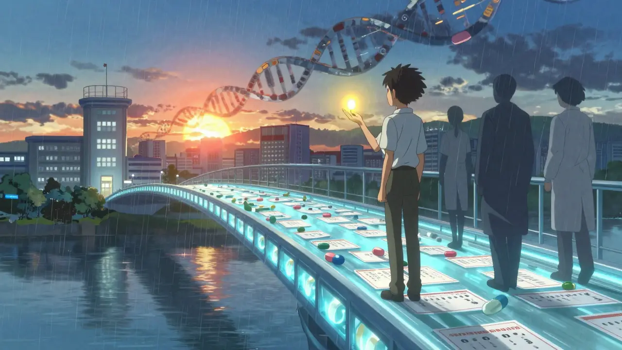 遺伝子と薬のラベルでできた橋の上に立つ若者が、自己決定の未来を見つめる。