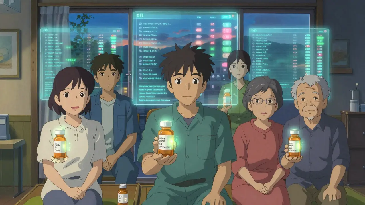 異なる背景の患者たちが、自分の価値観に応じて光る薬の瓶を手にしている。