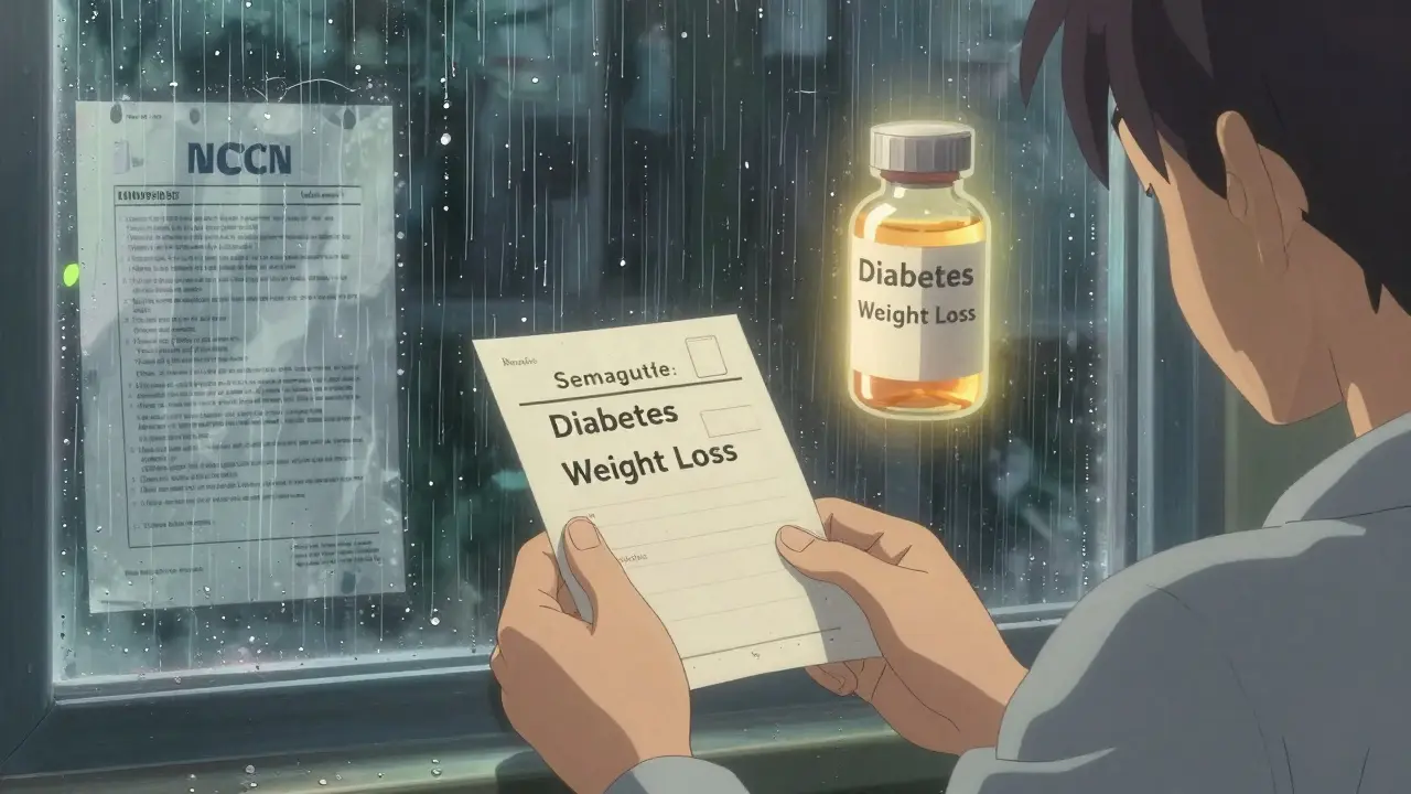 雨の窓に映る処方箋と、体重減少への薬の幻