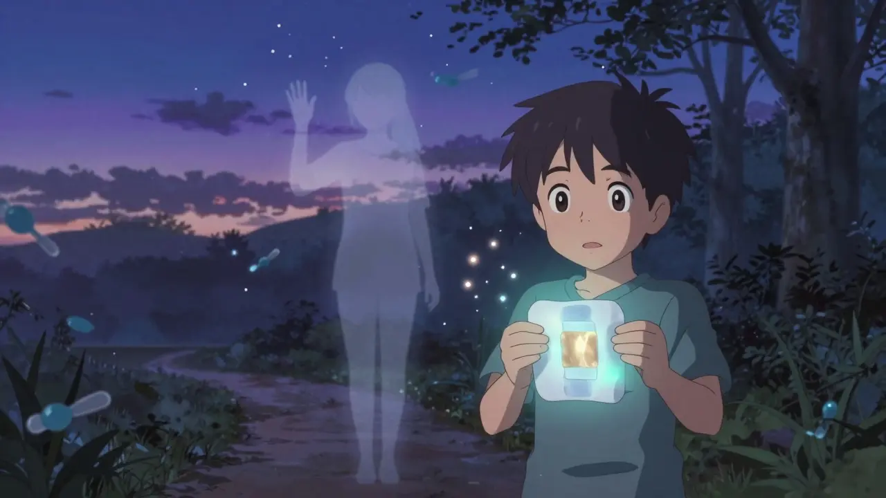 子供が化学療法パッチを手に持ち、夕暮れの森の道を歩いている様子。