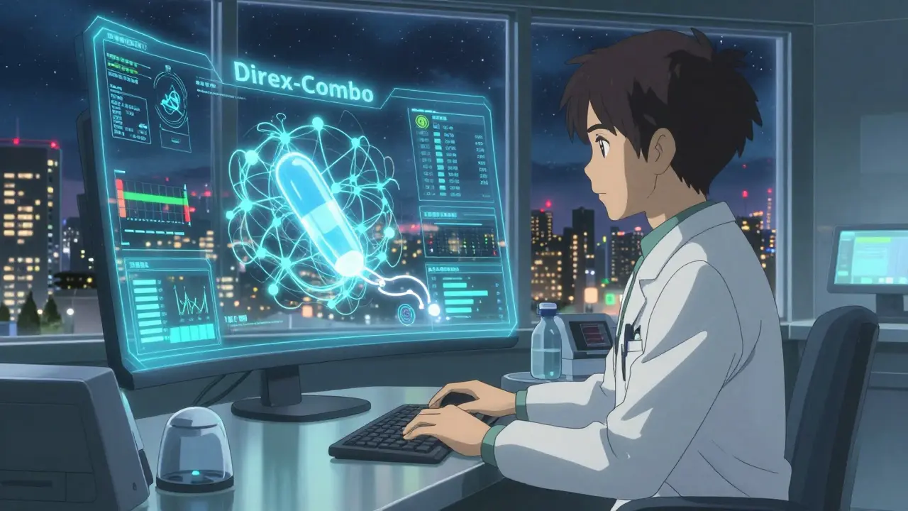 AIが電解質データを分析する未来の診療室、東京の夜景が背景に