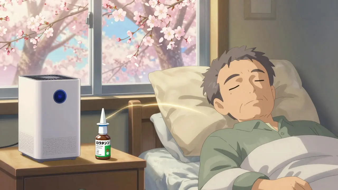 安全な抗ヒスタミン薬と空気清浄機のそばで、穏やかに眠る高齢者の様子。