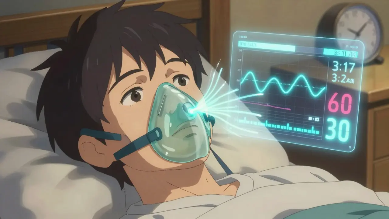 鼻マスクから光る空気の流れと睡眠データが浮かぶ日本の患者の顔