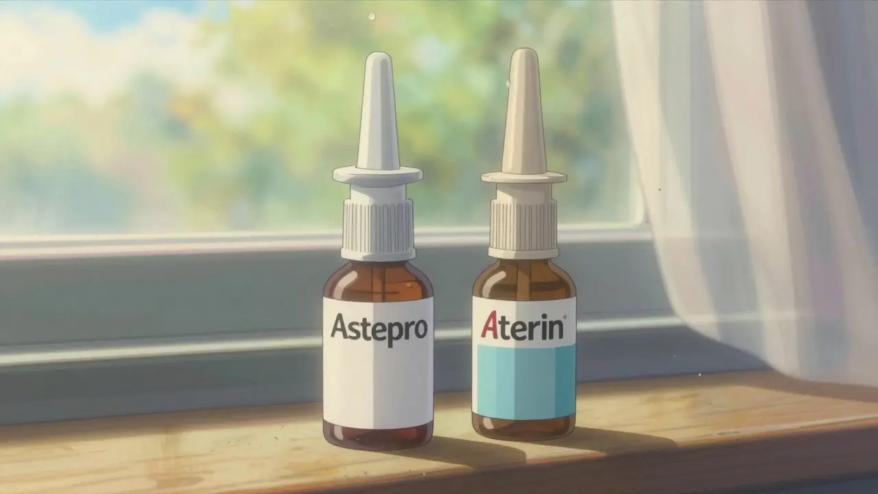 鼻スプレーのボトルが窓辺に並び、花粉が光る空気の中に浮かぶ。