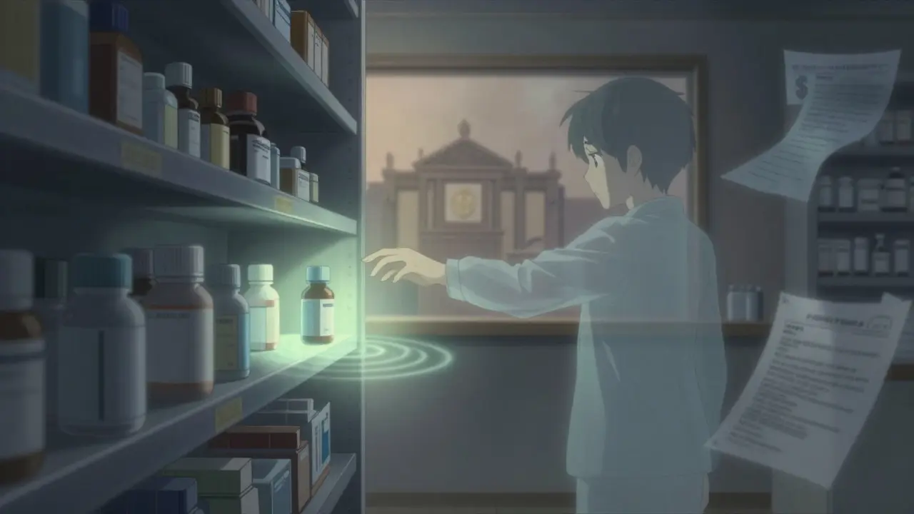 朝日に照らされた薬局の棚で、輝くジェネリック薬が患者の手に届こうとしている様子。