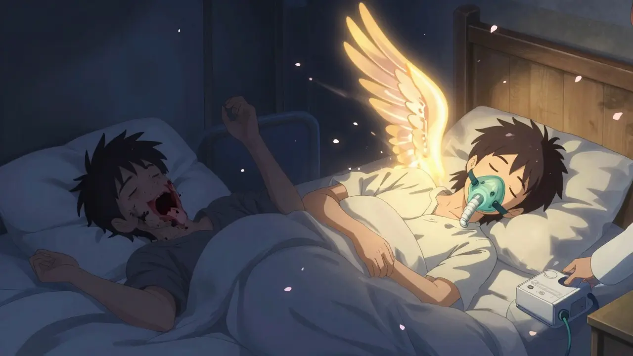 CPAPの光が暗闇を破り、静かな睡眠へと変わる二人の対比シーン