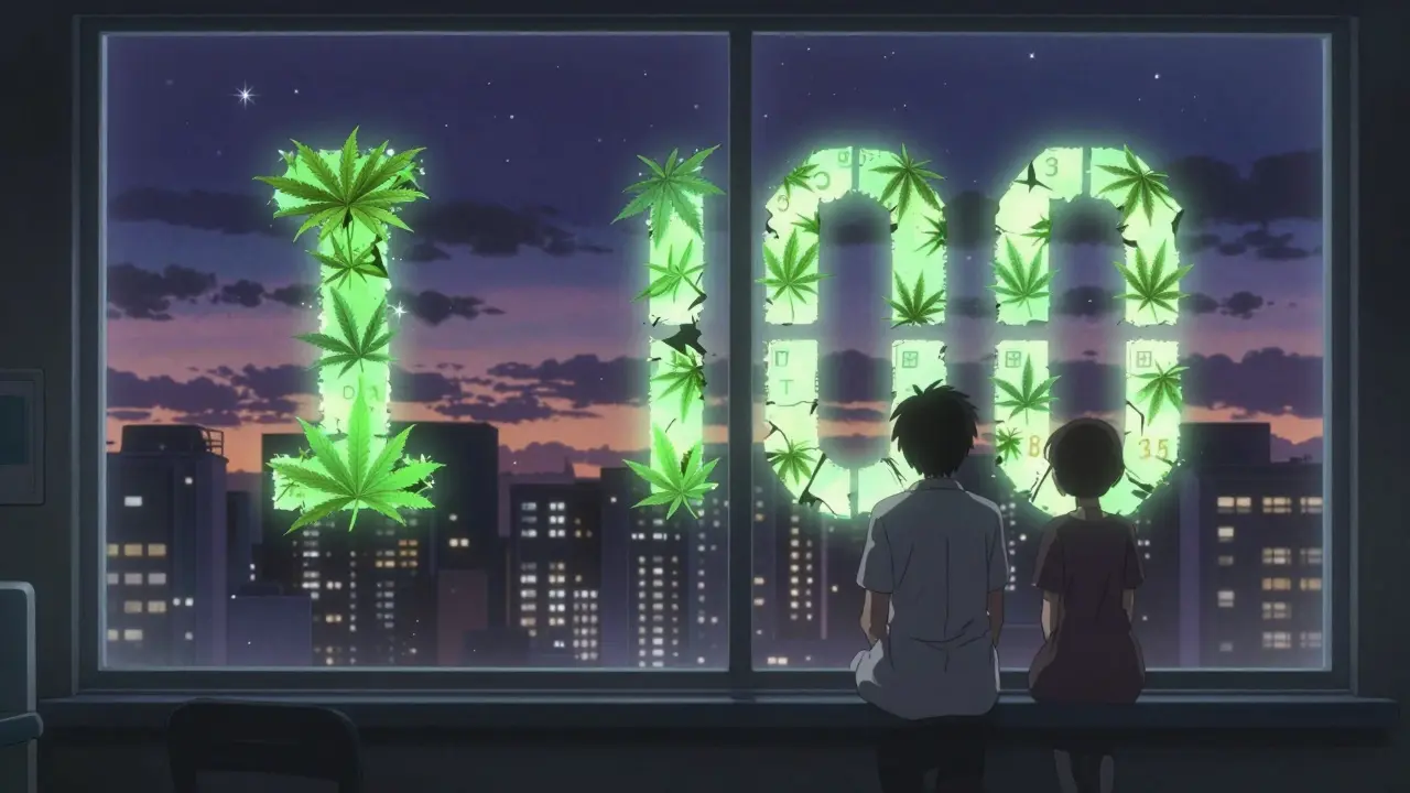 大麻の葉がスケジュールIからIIIへと変化する夜の病院の窓辺の風景。