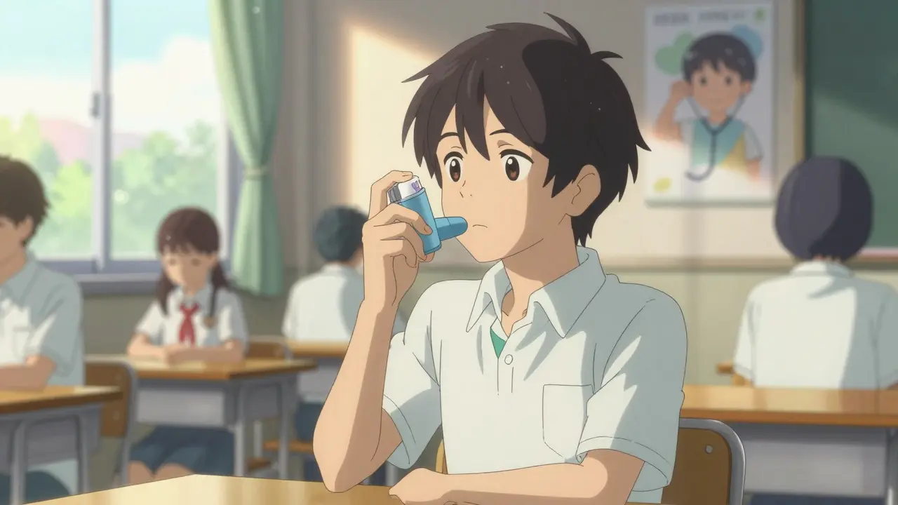 児童が教室で吸入器を自分で使用している姿。