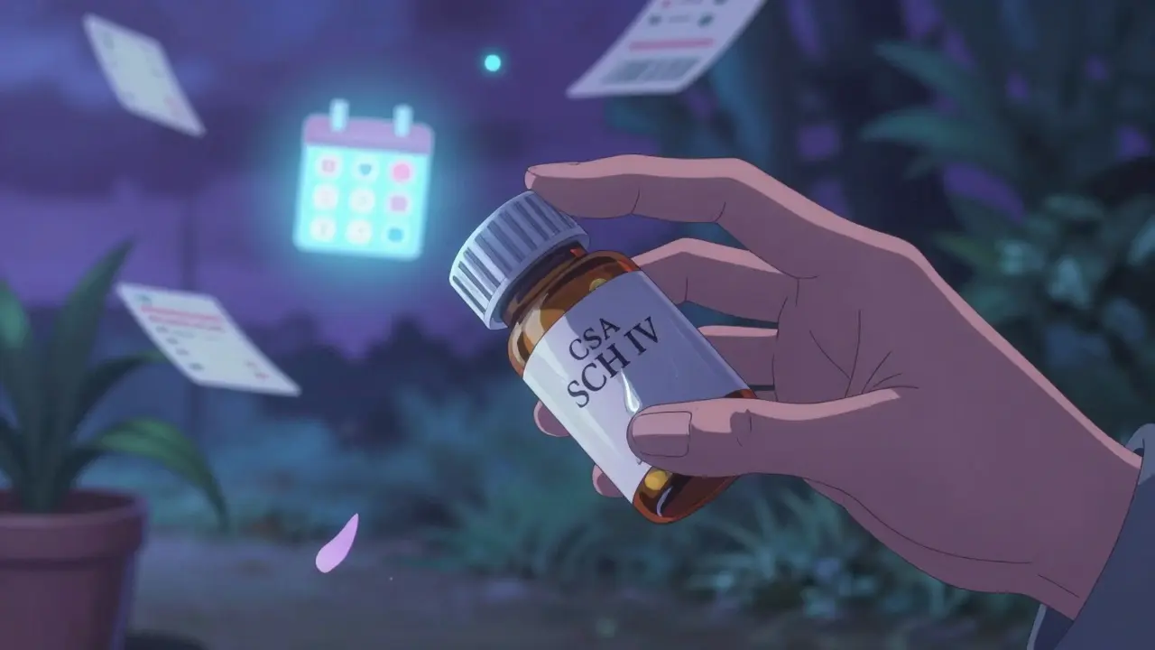 がん患者の手がCSA SCH IVの薬瓶を優しく握り、周囲に浮かぶスケジュールの記号。