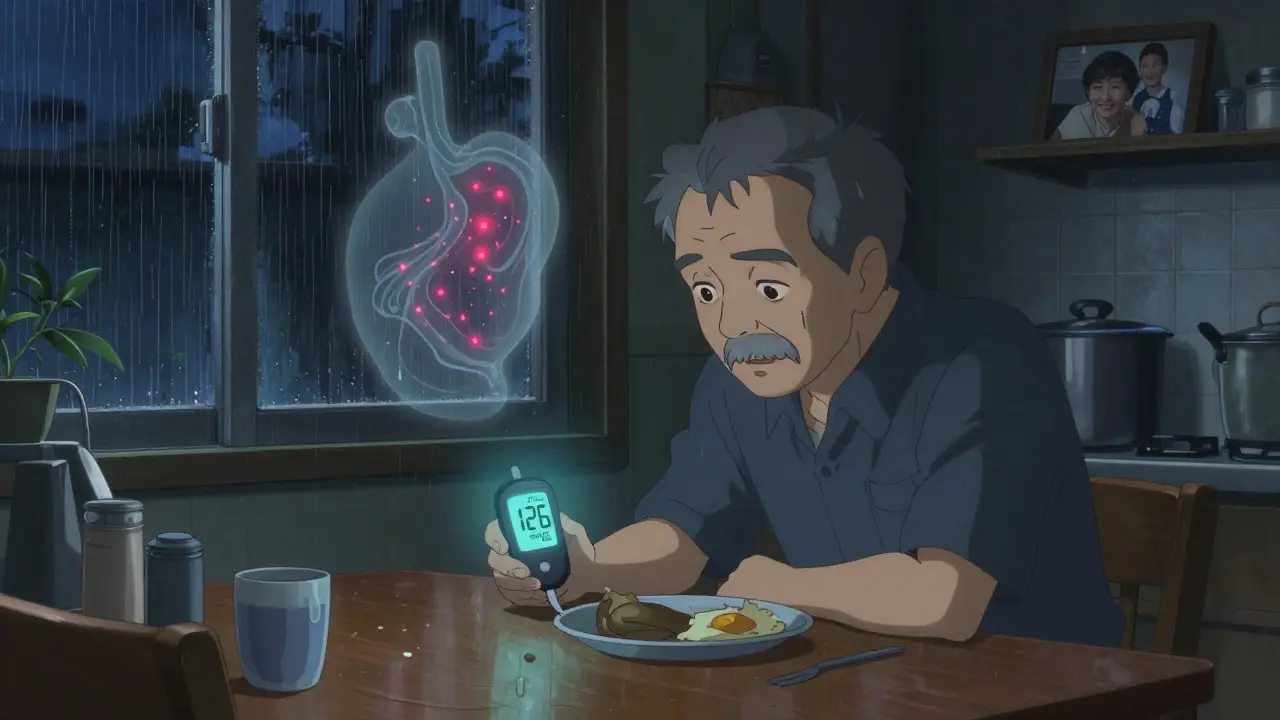 高齢の男性が血糖値計を眺め、背後に膵臓の異常を示す透き通った光の輪郭が浮かぶ夜のキッチン。