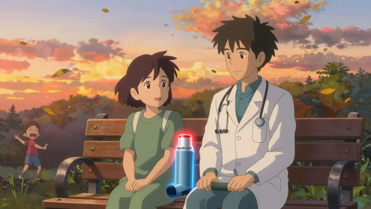 公園のベンチで医師と患者が二重効果の吸入器を手に笑う様子。