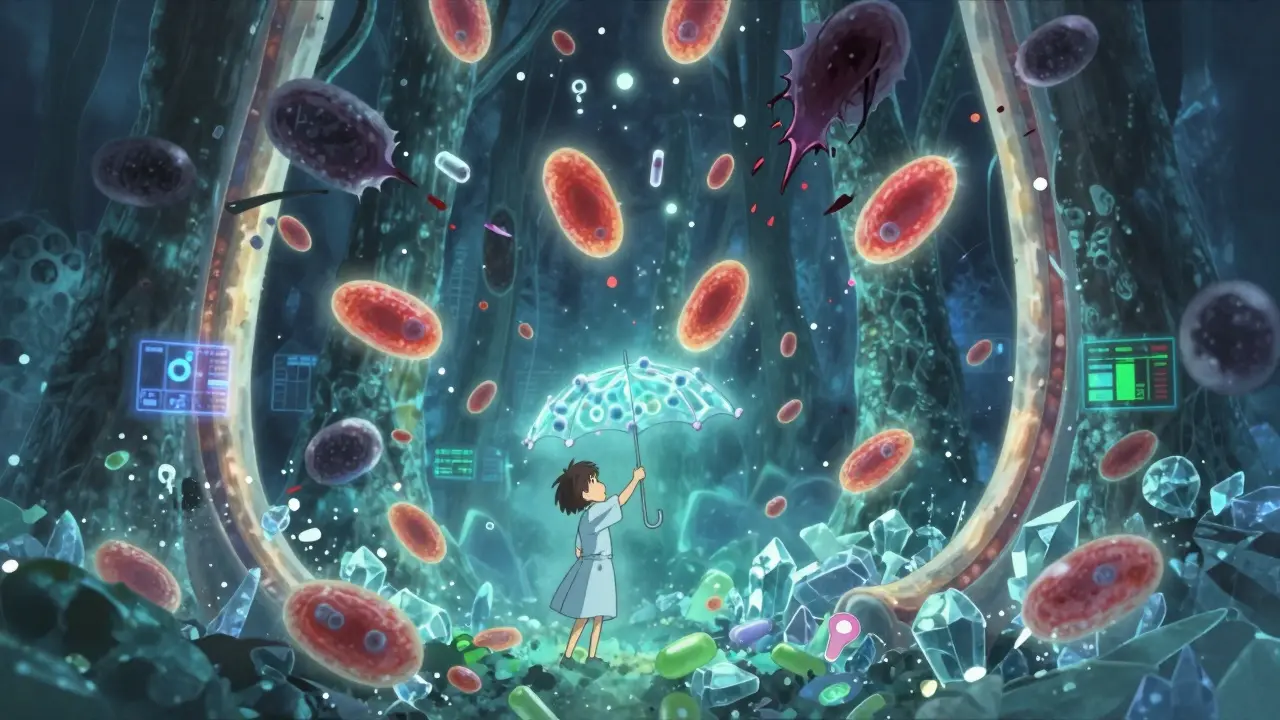 骨髄の水晶の森で薬の分子が血球を破壊し、患者がG-CSFの傘で守ろうとしている。