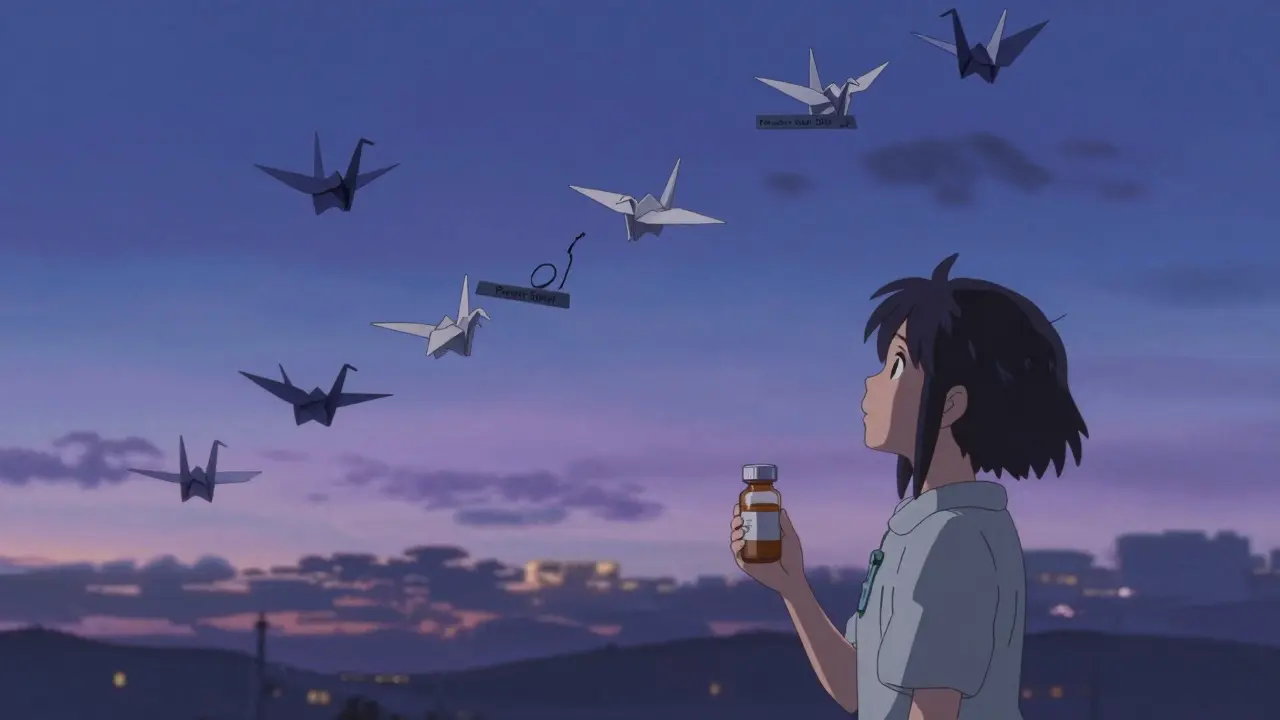 患者が薬の瓶を抱え、競争を妨げる障壁と自由に飛ぶ企業の紙鶴を見上げる。