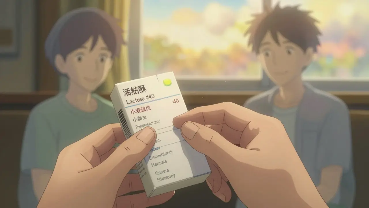 ジェネリック薬の不活性成分を指でなぞる手と、過去の自分を照らす光の輪郭。