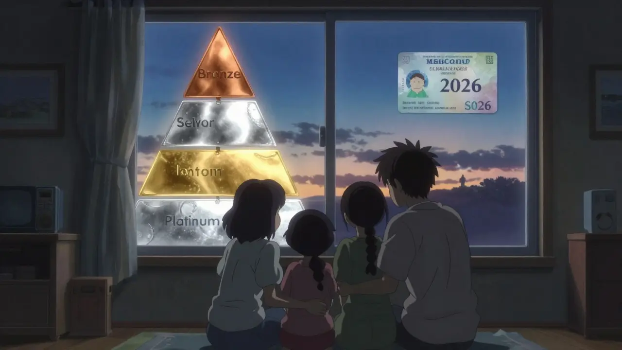 家族が光る金属階層の空を背景に座る、2026年の保険制度の変化を象徴する風景