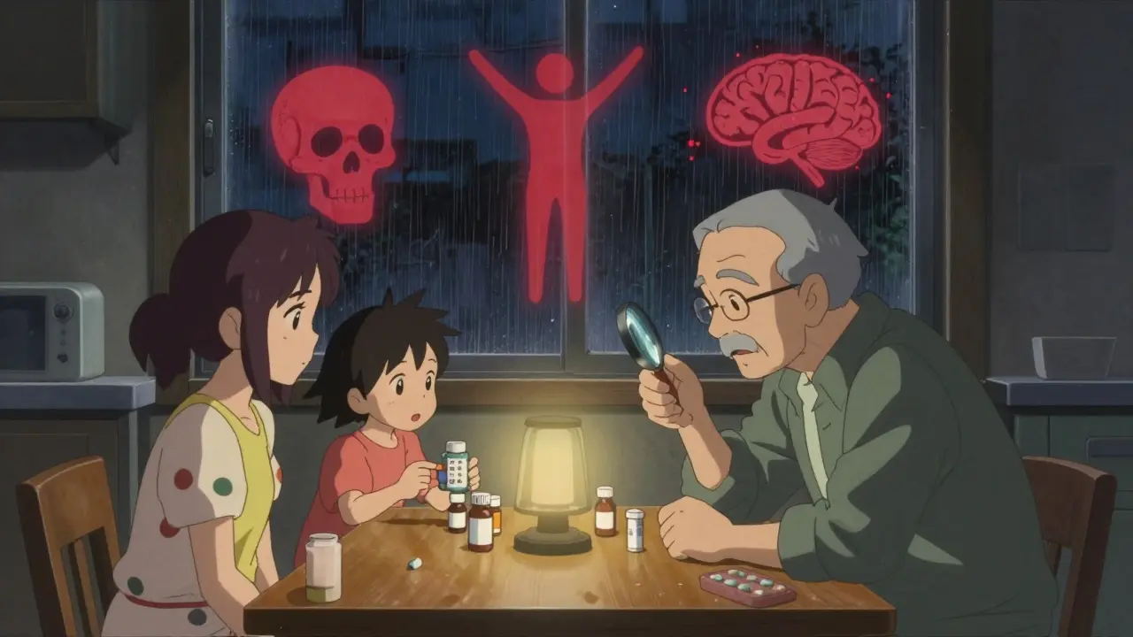 家族が薬の成分表を確認し、空中に浮かぶ警告シンボルが危険を示している。