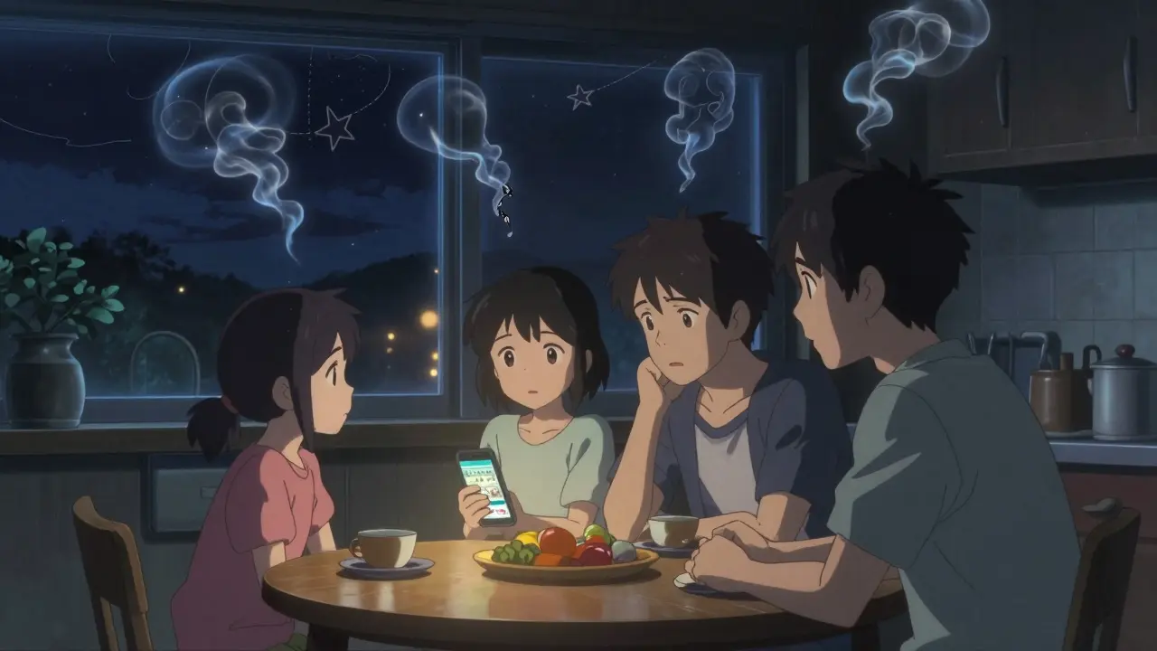 家族が夜のキッチンで電話を握り、星空の下で若者の不安な姿を見守っている。
