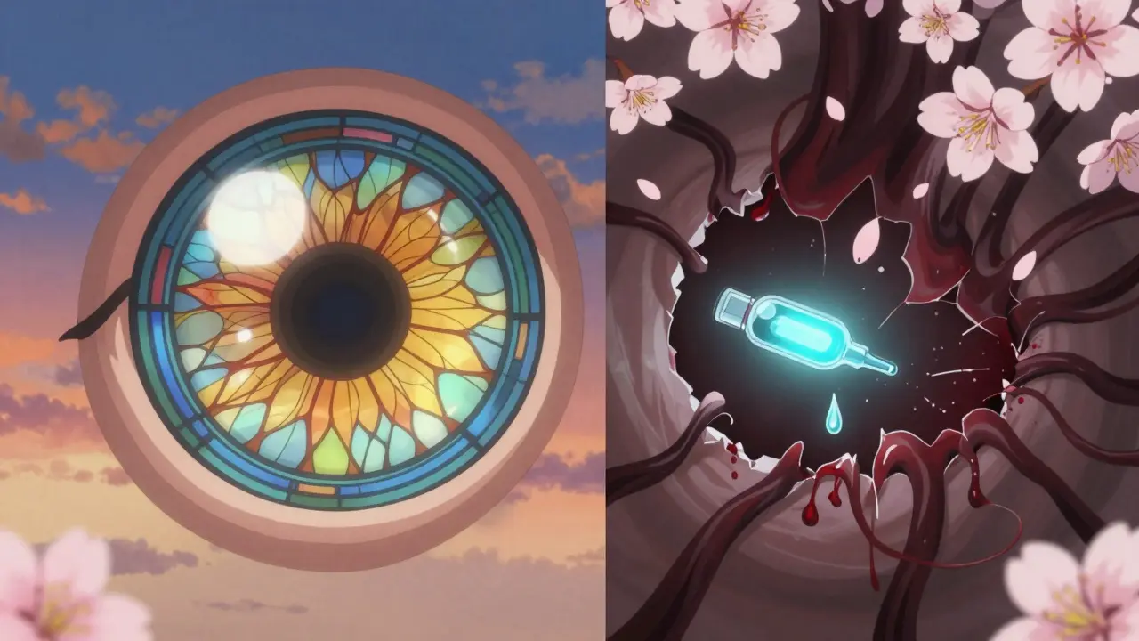 健康な網膜と損傷した網膜の対比、涙が抗VEGF注射に変わる象徴的なシーン。