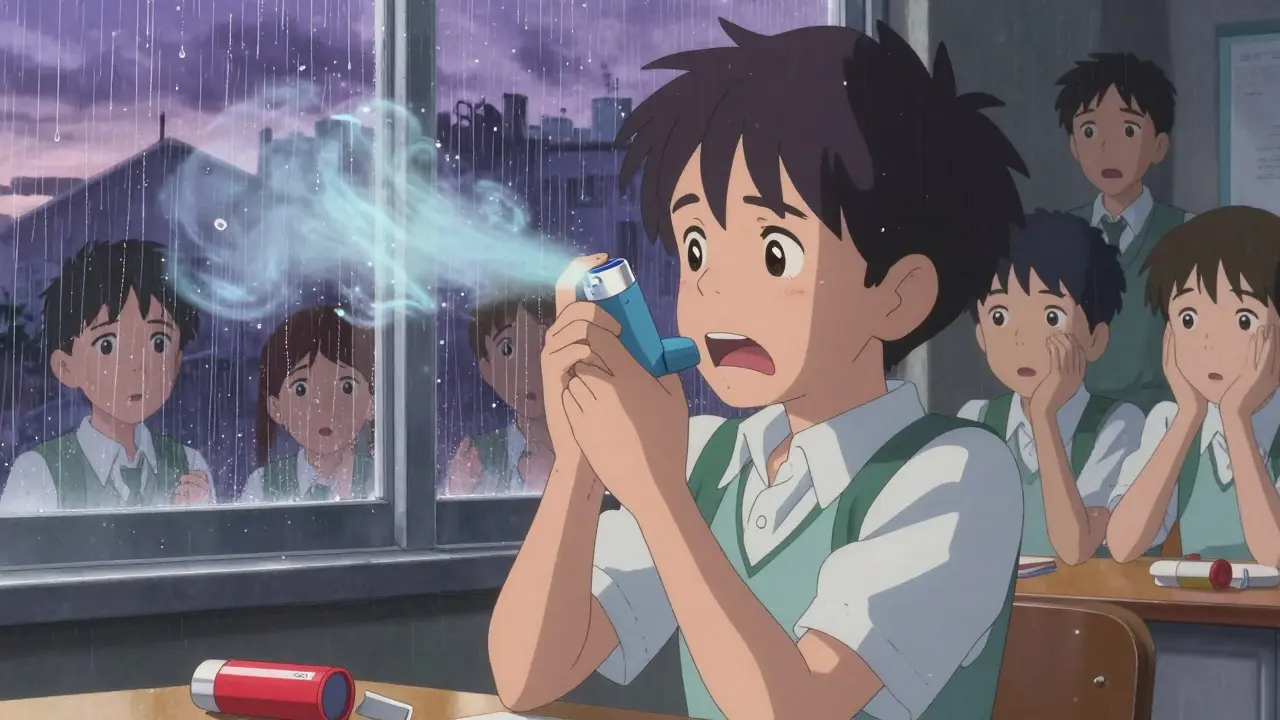 教室で青い吸入器を誤って使っている子供の様子。