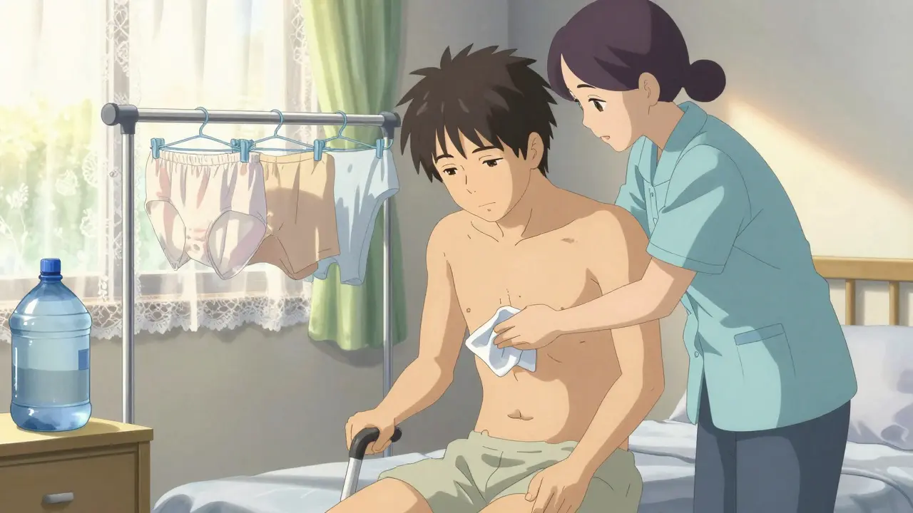 介護者が高齢の男性の清潔を手伝う温かい場面。