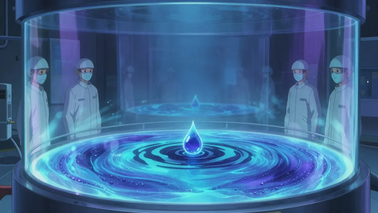 巨大な生物反応器の中で輝く細胞培養、汚染の影が広がる静かな工場の光景。