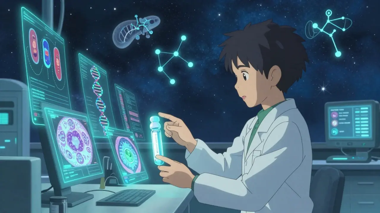 科学者が血液検査の hologram を分析する未来の研究所で、子供の手が早期発見の検査キットに届こうとしている。